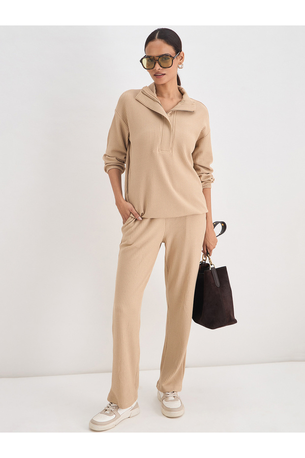 Women Beige Waffle Knit Zip Up Top