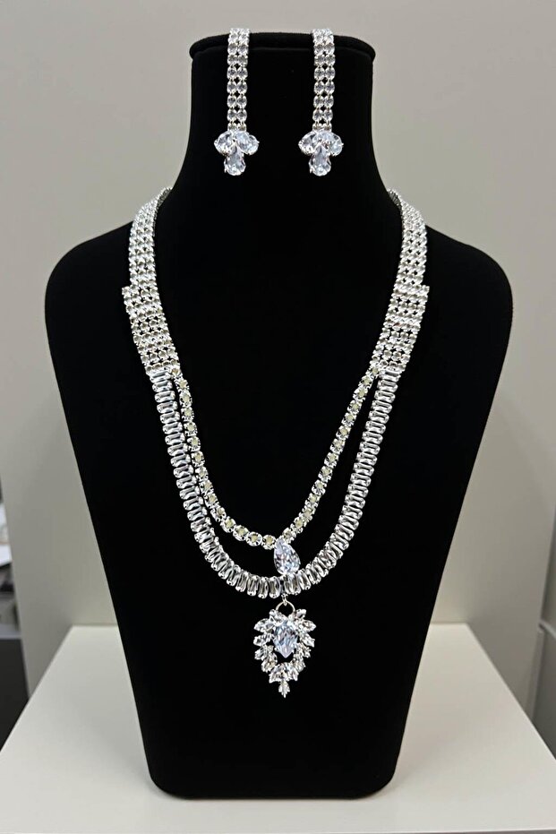 Silver Color Stone Detailed Evening Dress/Wedding Set