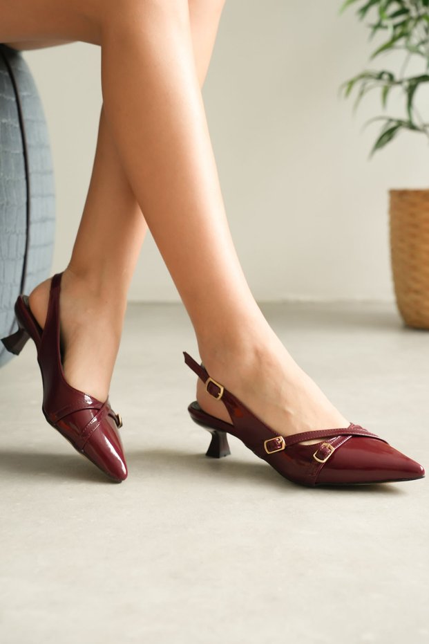 Jswk111 Burgundy Patent Leather Women's 3Tkfındık Heel 4 cm Heeled Shoes