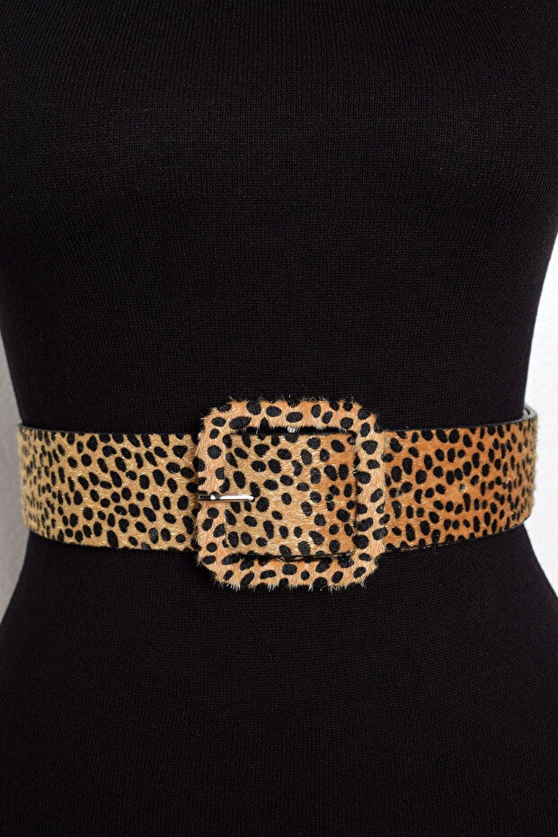 Camel Leopard Patterned Suede Belt Be205 - 1