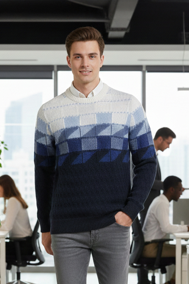 سترة رجالية بياقة دائرية ونقشة هندسية - 3