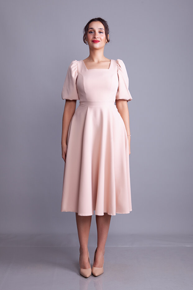 Cream Balloon Sleeve Square Neck Midi Dress