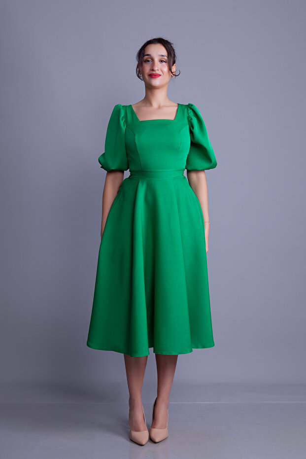 Grass Green Balloon Sleeve Square Neck Midi Dress