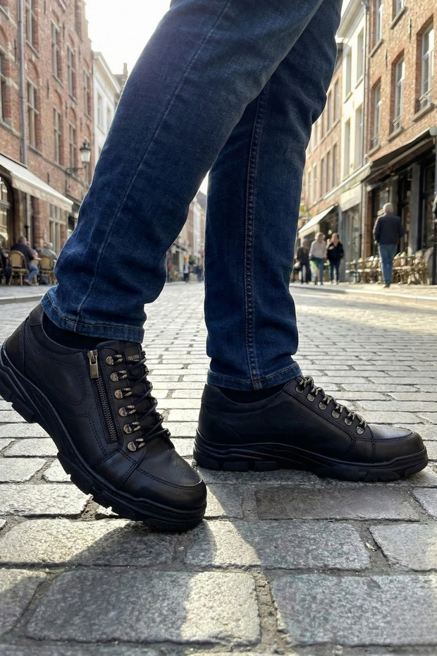 Men's Genuine Leather Shoes with Zipper, Non-Slip Sole