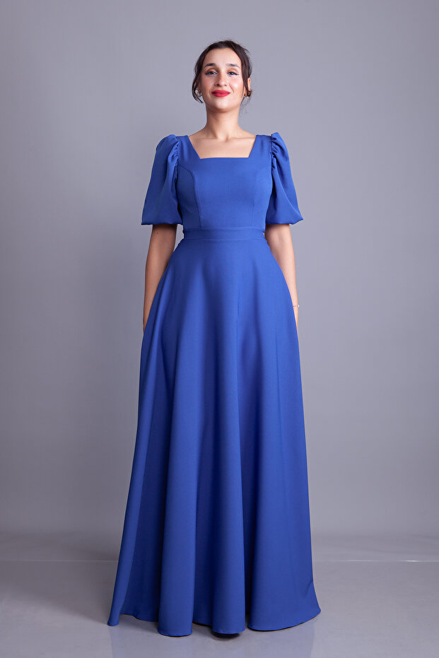 Denim Blue Balloon Sleeve Square Neck Maxi Dress