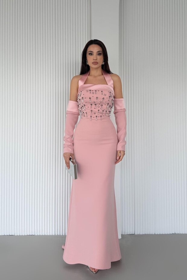 Powder Stone Embroidered Sleeve Detailed Strap Evening Dress