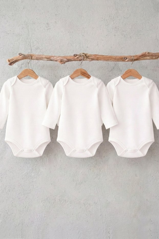 Baby Long Sleeve Bodysuit 100% Cotton American Collar Snap Fastener Bodysuit Off-White 0-36 Months 3 Pieces