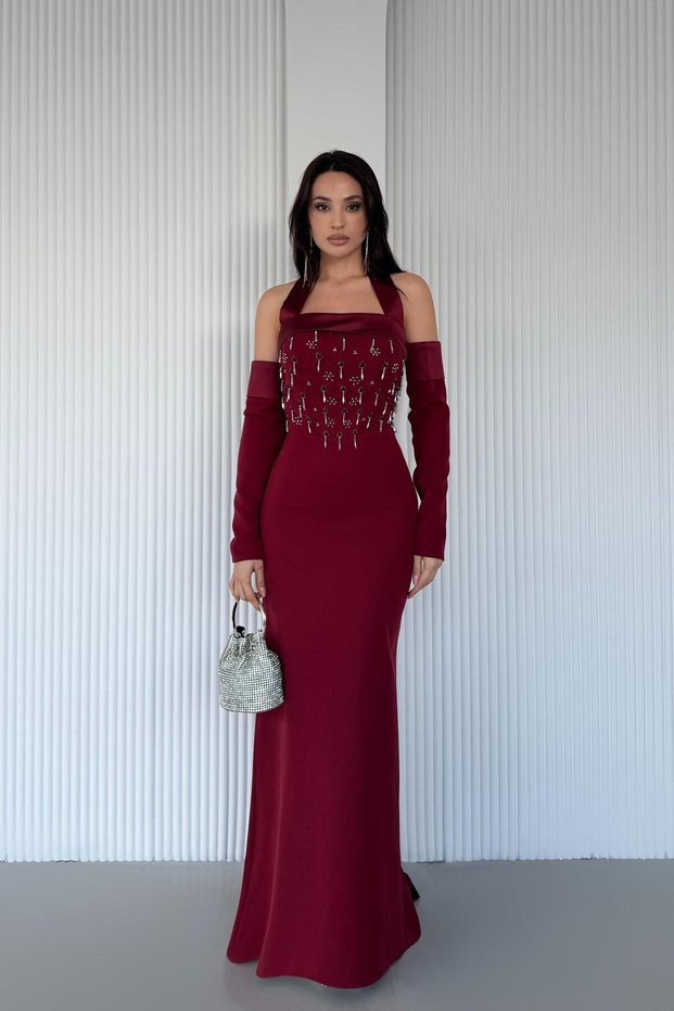 Burgundy Stone Embroidered Sleeve Detailed Strap Evening Dress