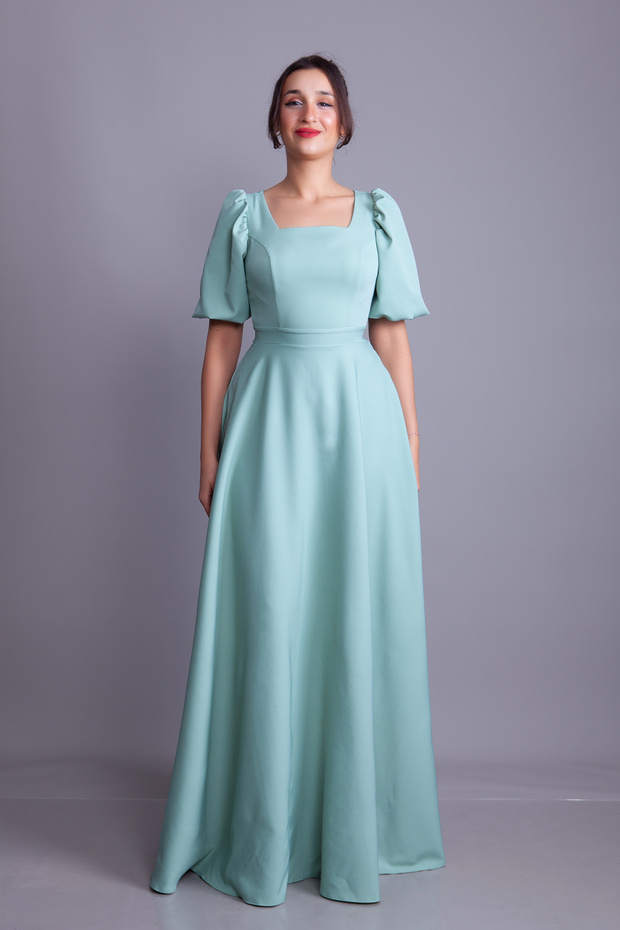 Mint Green Balloon Sleeve Square Neck Maxi Dress