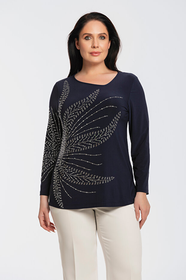 Plus Size Women's Blouse with Asymmetric Collar and Stone Detail