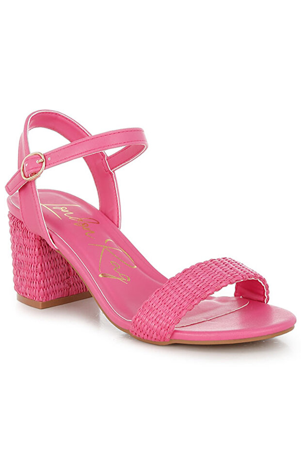Women Raffia Pin Buckle Block Heels in Fuchsia