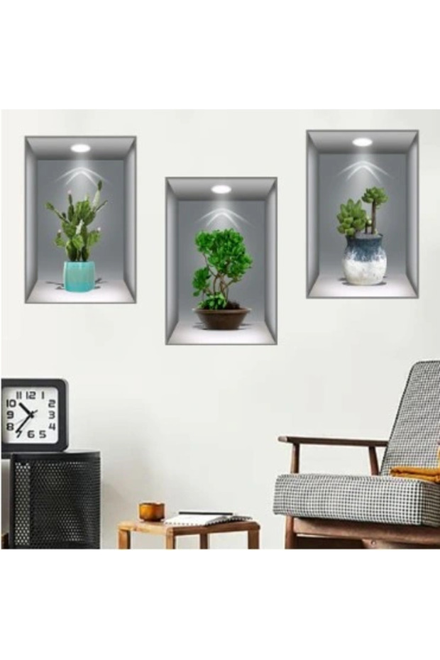 3D Flower Vase Wall Sticker Set of 3 Gray Background