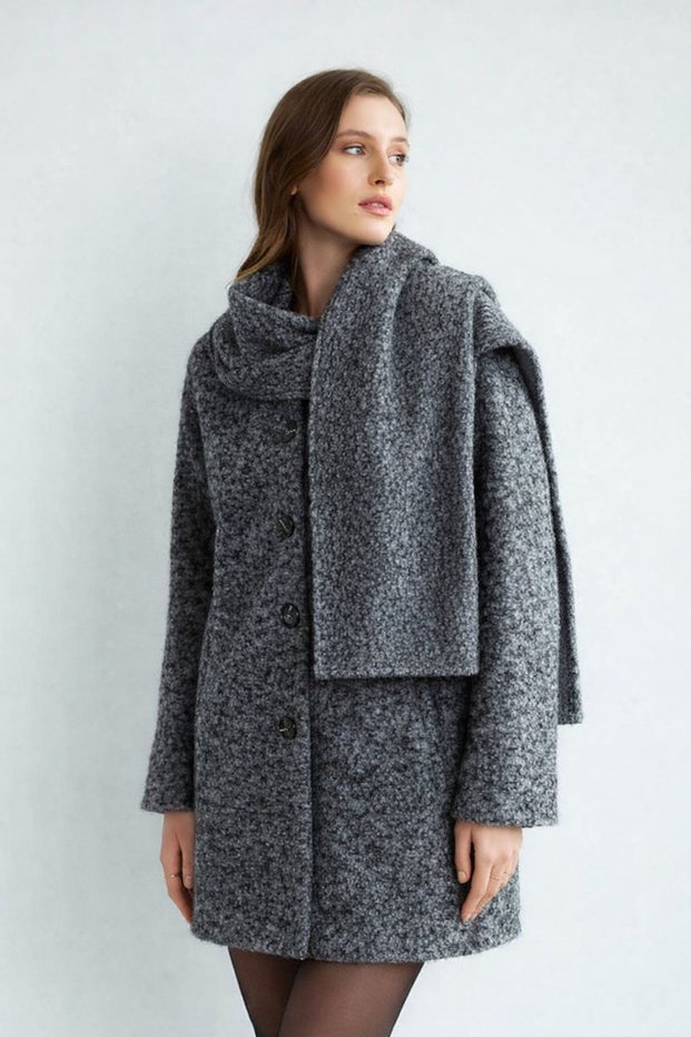 Women's Shirt Collar Shawl Detailed Curly Bearded Lined Cashmere Coat D99747