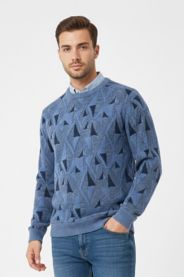 Men's Patterned Crew Neck Sweater - 1