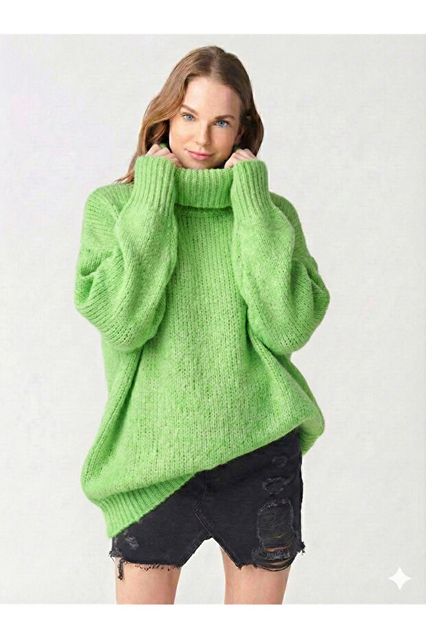 Women's Plus Size Turtleneck Wide Cut Oversized High Neck Knitwear Sweater 5078