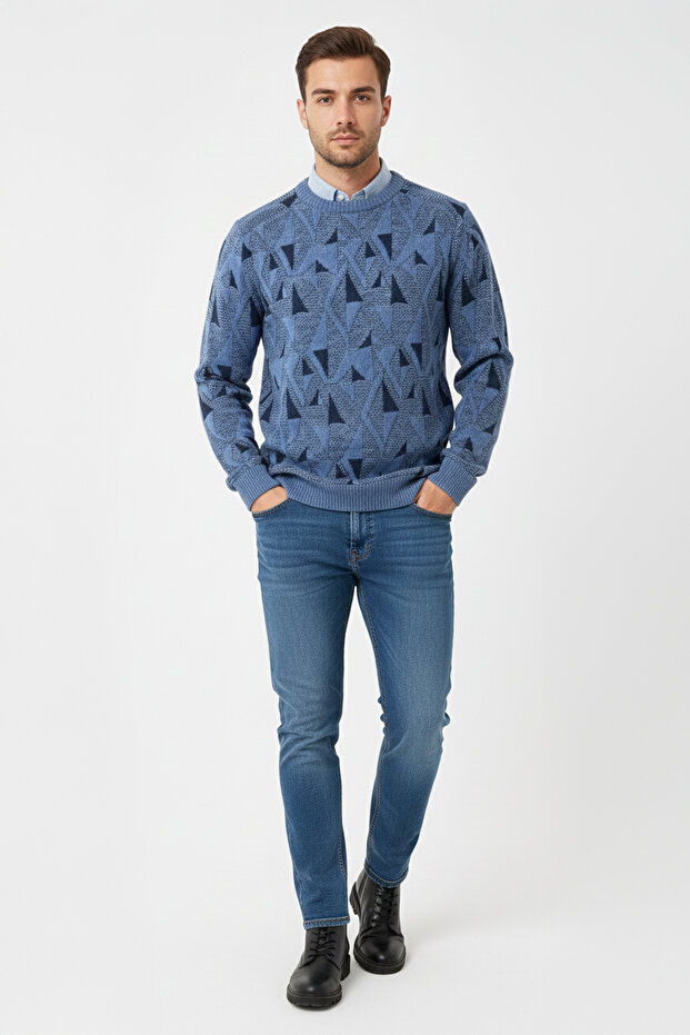 Men's Patterned Crew Neck Sweater - 2