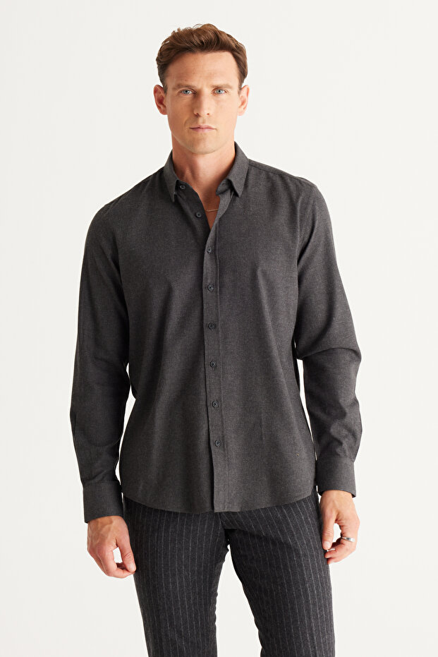 Anthracite Cotton Flannel Oxford Slim Fit Slim Fit Concealed Button Collar Shirt