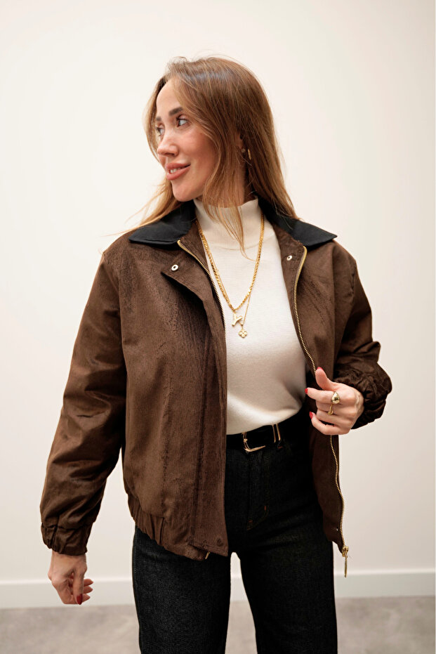 Velvet Bomber Zippered Brown Jacket