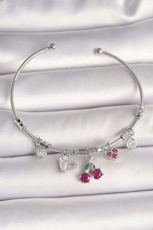 Brass Silver Rk Sallantı Cherry Figure Detail Charm Women's Bracelet