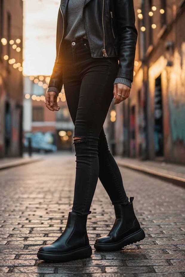 Kadın Bot Siyah Platform Taban Deri Hakki Deri Bot - 3