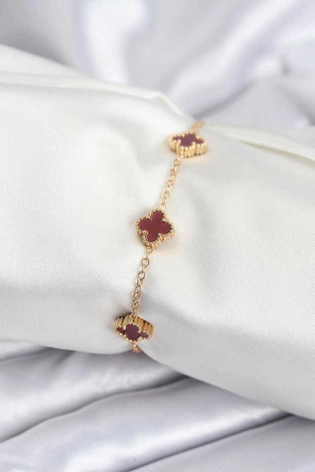 316L Steel Gold Color Burgundy Baby Boy Clover Women's Bracelet