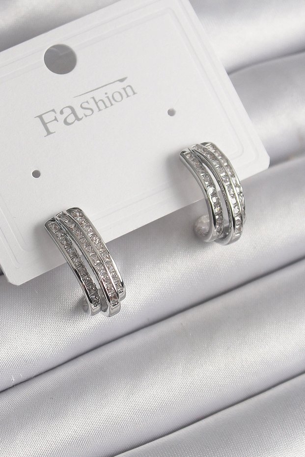 Brass Silver Rk Zircon Stone Half Hoop Model Women's Earrings