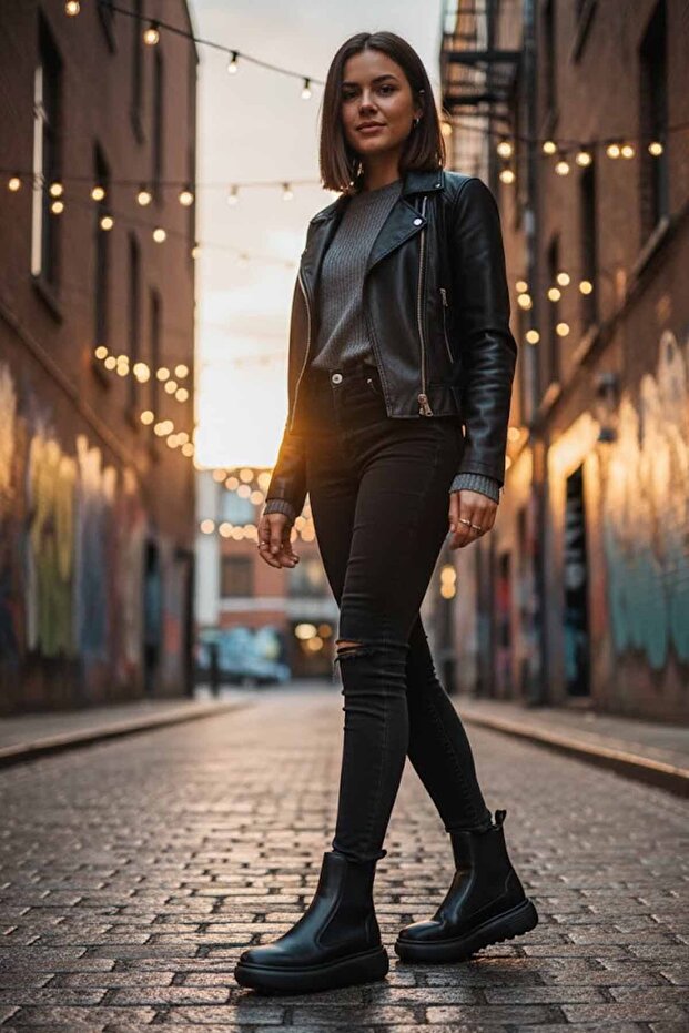 Kadın Bot Siyah Platform Taban Deri Hakki Deri Bot - 7