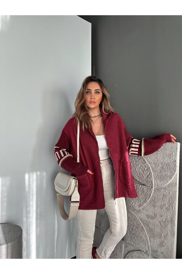 Burgundy Sleeves Knitwear Boucle Coat