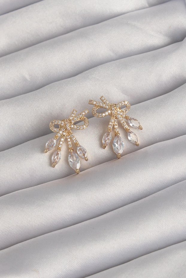 Brass Gold Rk Zircon Stone Bow Earrings