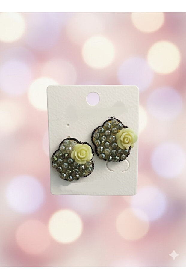 Green Color Rose Detailed Stone Flower Earrings