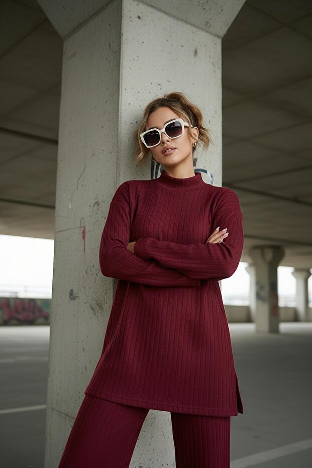 Women's Loose Fit Half Turtleneck Tunic and Bottom Top Set with Elastic Waist Pants