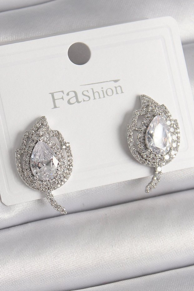 Brass Silver Rk Zircon Stone Leaf Model Women's Earrings