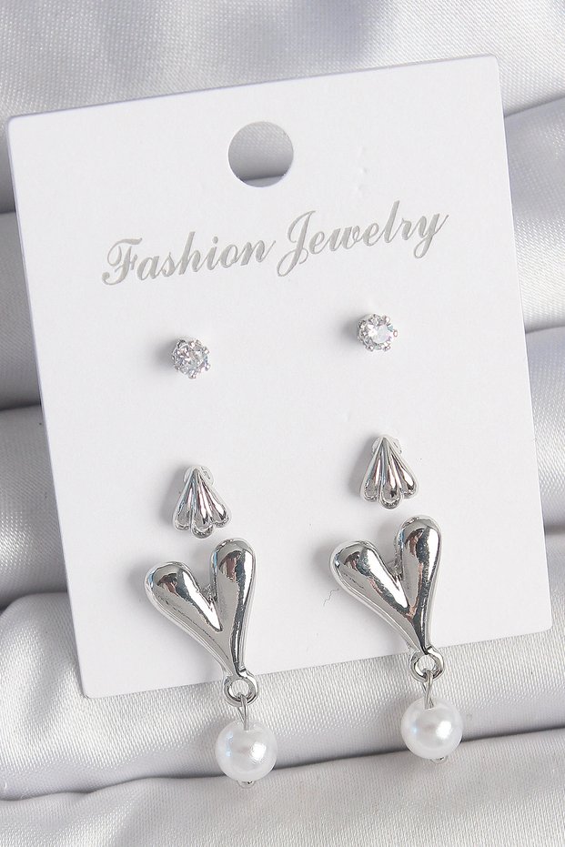 Brass Silver Rk Zircon Stone Dangle Model 3 Pairs Women's Earring Set
