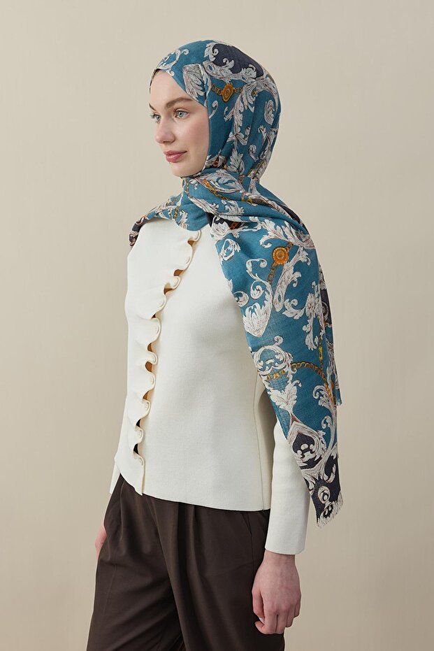 Baroque Pattern Wool Silk Shawl Turquoise-Anthracite