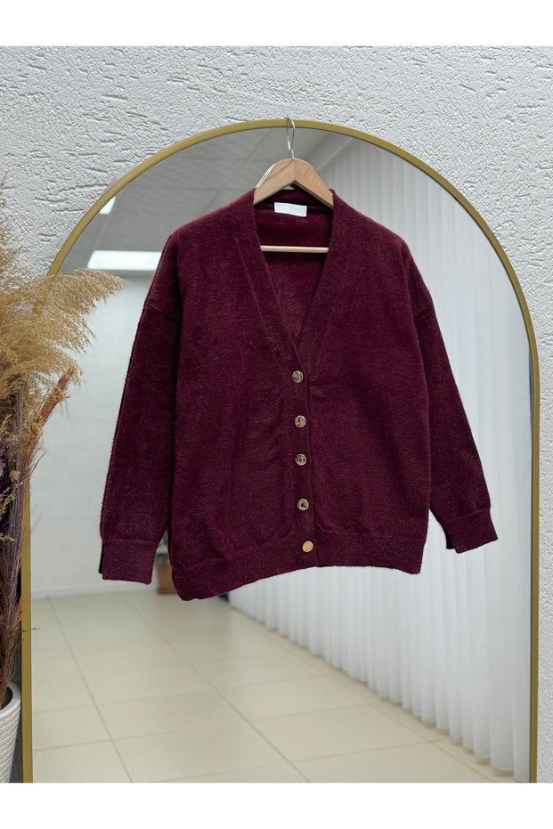 Feronia Gold Buttoned Feather Plush Cardigan-Zi̇5250 Burgundy