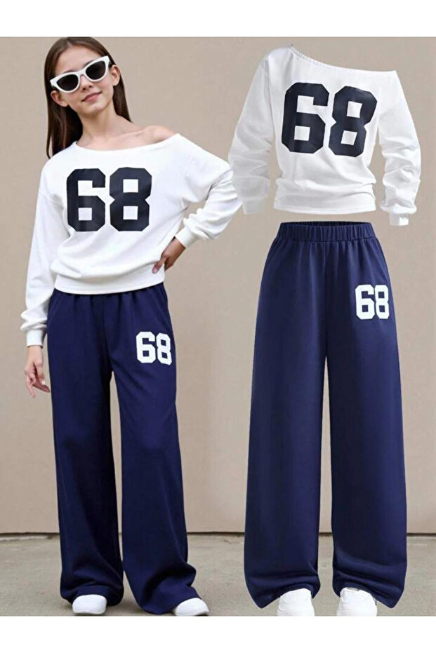 Girl's New 68 Printed White-Navy Blue Boat Neck Sweatshirt Tracksuit Bottom Top Set