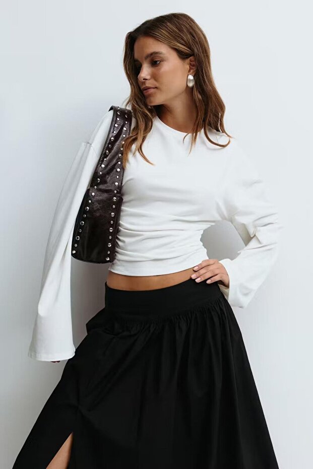 White Crew Neck Side Gathered Wide Sleeve Women's Blouse Mg2628