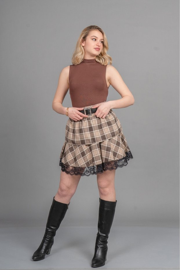 Women's Winter Plaid Checkered Ethereal Flow Tulle Detailed Mini Skirt Stylish Daily Casual Plaid 6848