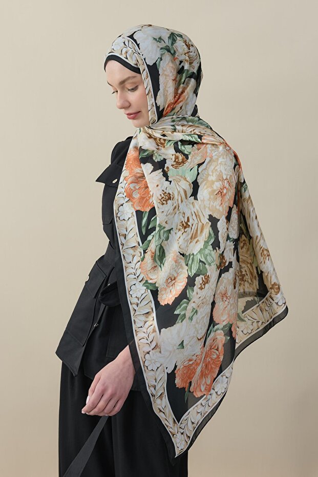 Rose Pattern Silk Voile Shawl Orange