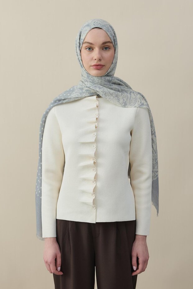 Almond Pattern Wool Silk Shawl Gray