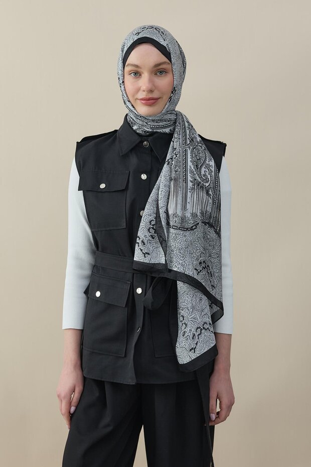 Ethnic Pattern Voile Silk Shawl Black