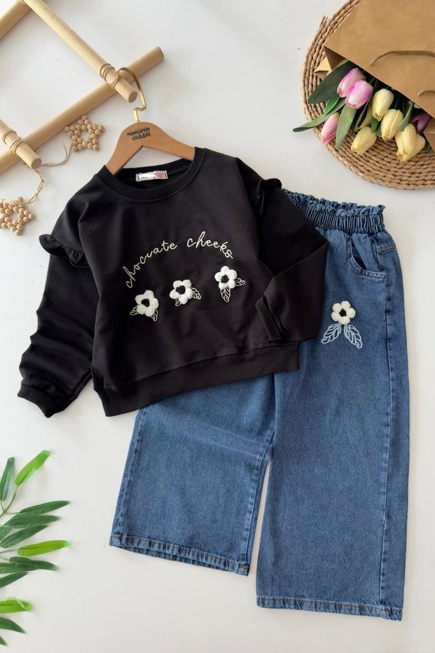 My Little Girl's Cicileri Floral Embroidered Sweat & Denim Pants 2-Piece Girl's Set - Black