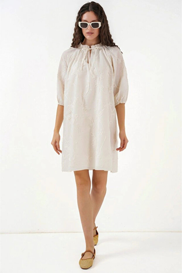 Patterned Short Dress 2528 - Cream - 2