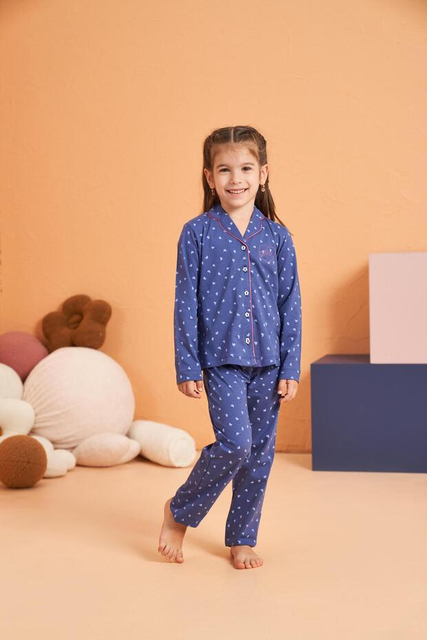 Girl's Heart Front Buttoned Shirt Collar Long Sleeve Pajama Set