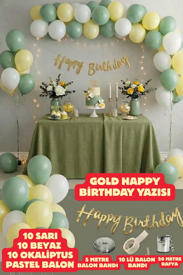 Gold Happy Birthday Lettering 10 Eucalyptus 10 White 10 Yellow Balloon Party Birthday Concept Party Set