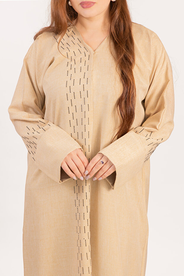 Beige Abaya Women – Black Stone Detailing