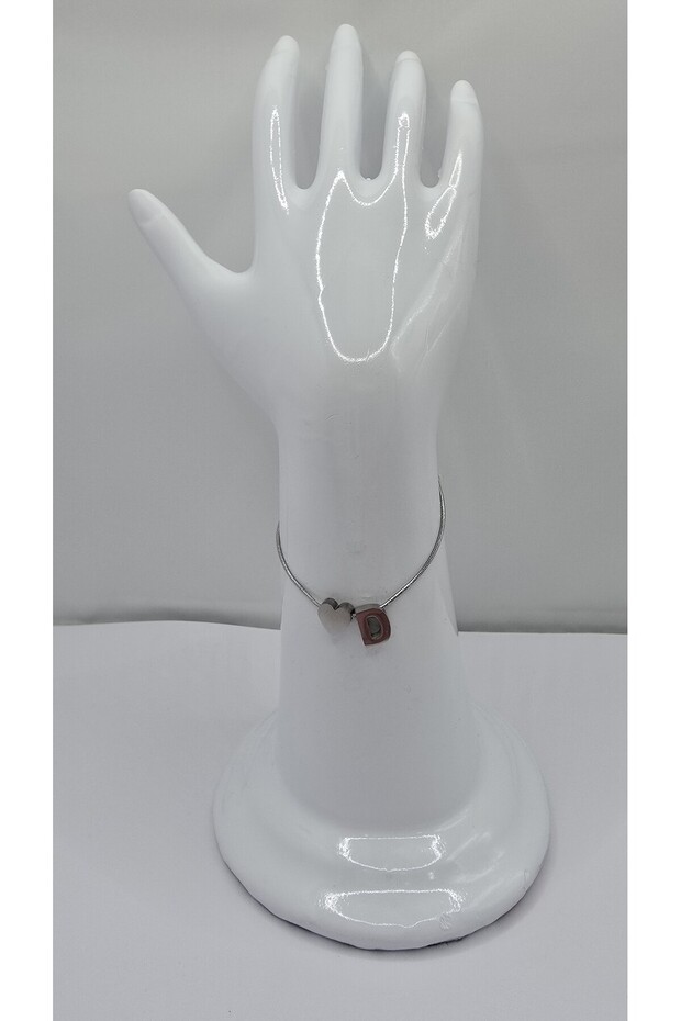 Stainless Steel Silver Color Three-Dimensional Heart Detailed -D- Letter Bracelet