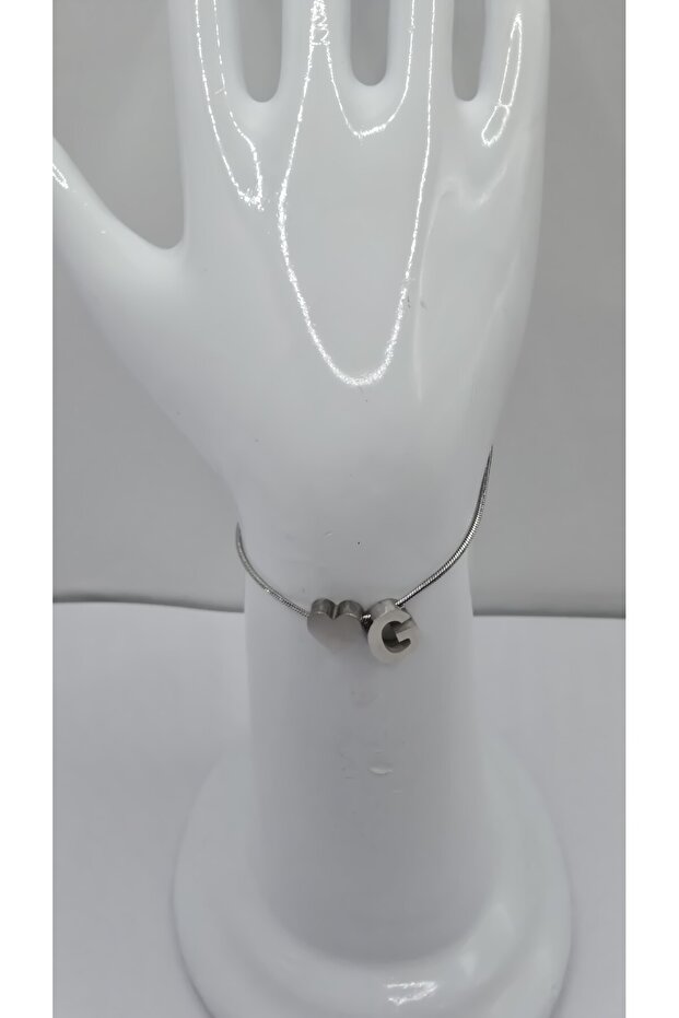 Stainless Steel Silver Color Three-Dimensional Heart Detailed -G- Letter Bracelet