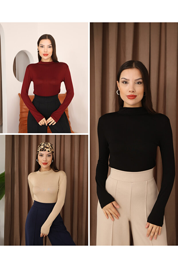 Women's 3-Piece Long Sleeve Half Fisherman Stretch Fabric Combed Cotton Bodysuit