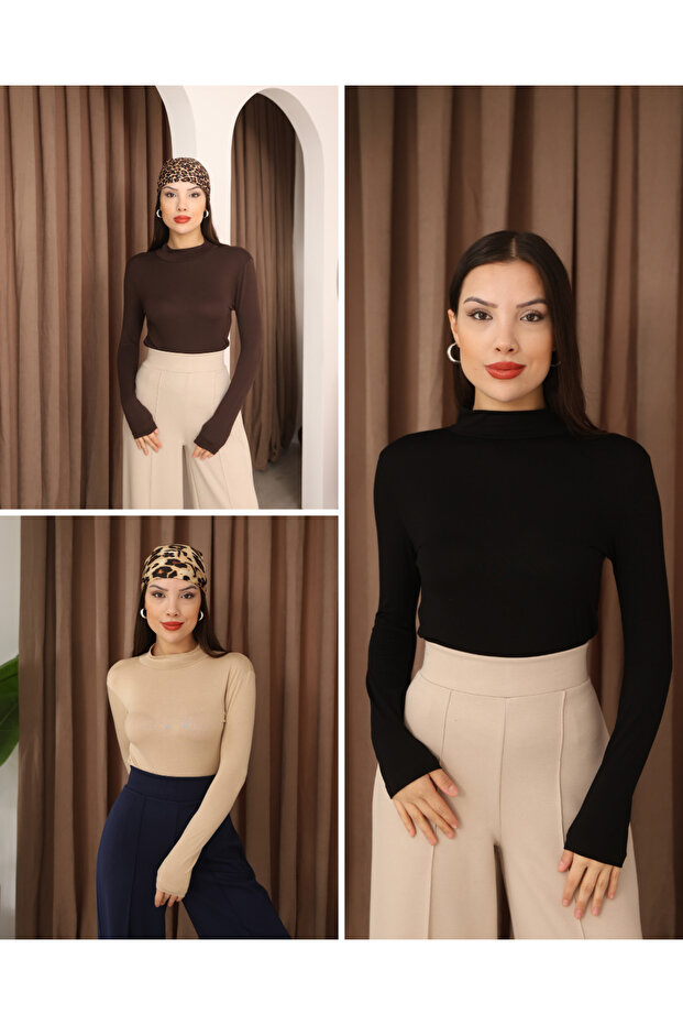 Women's 3-Piece Long Sleeve Half Fisherman Stretch Fabric Combed Cotton Bodysuit